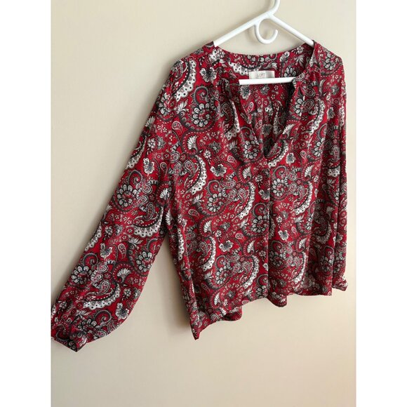 LOFT Red Paisley Print Long Sleeve  Split Neck Fall Career Blouse Size XL - Picture 4 of 11